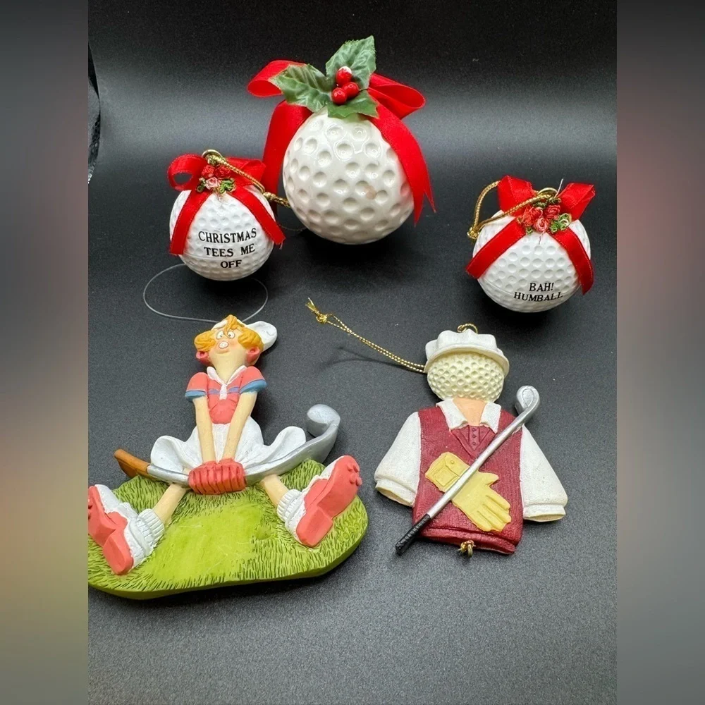 Lot of 5 Vintage Golf Ball and Golfer Christmas Ornaments